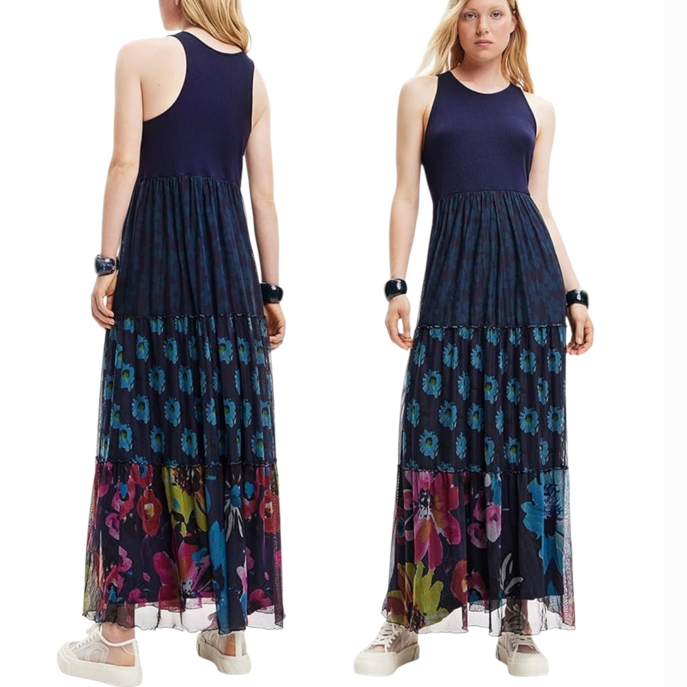 NWT Desigual Long Combination Tulle Dress Blue Floral Sleeveless Maxi Medium